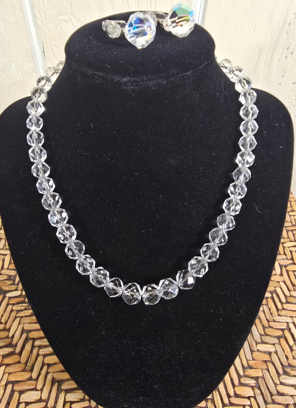 Beautiful Vintage Crystal Beaded Collar Necklace and Clip Drop Earring Set 15″
