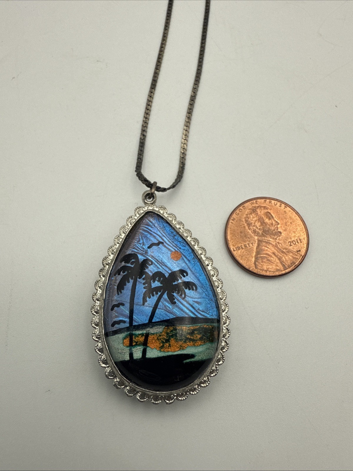 Vintage Butterfly Wing Double Sided Beach/Lake Scene Pendant Chain
