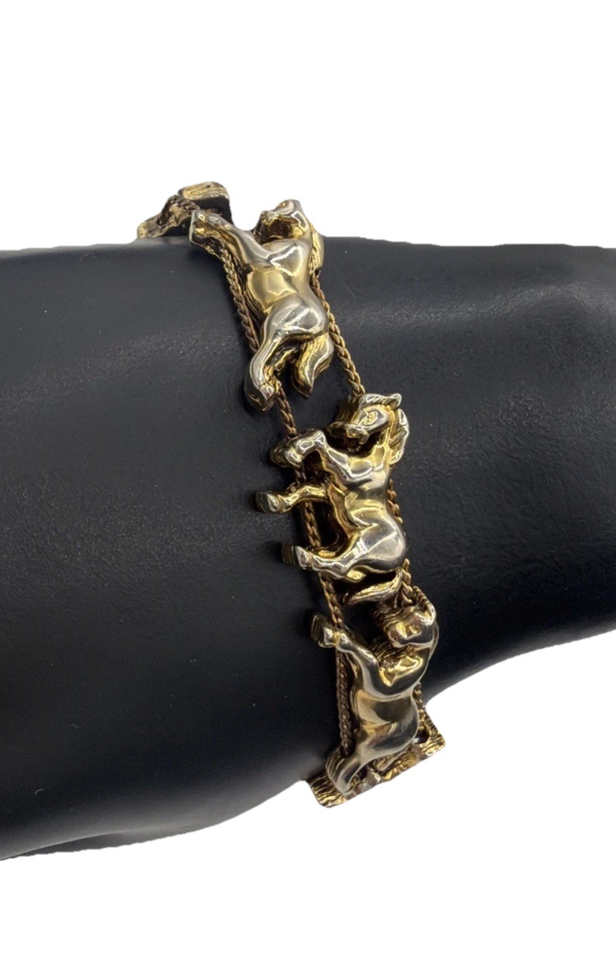 Vintage Running Horses Slide Bracelet – Gold Tone Equestrian Charm Jewelry
