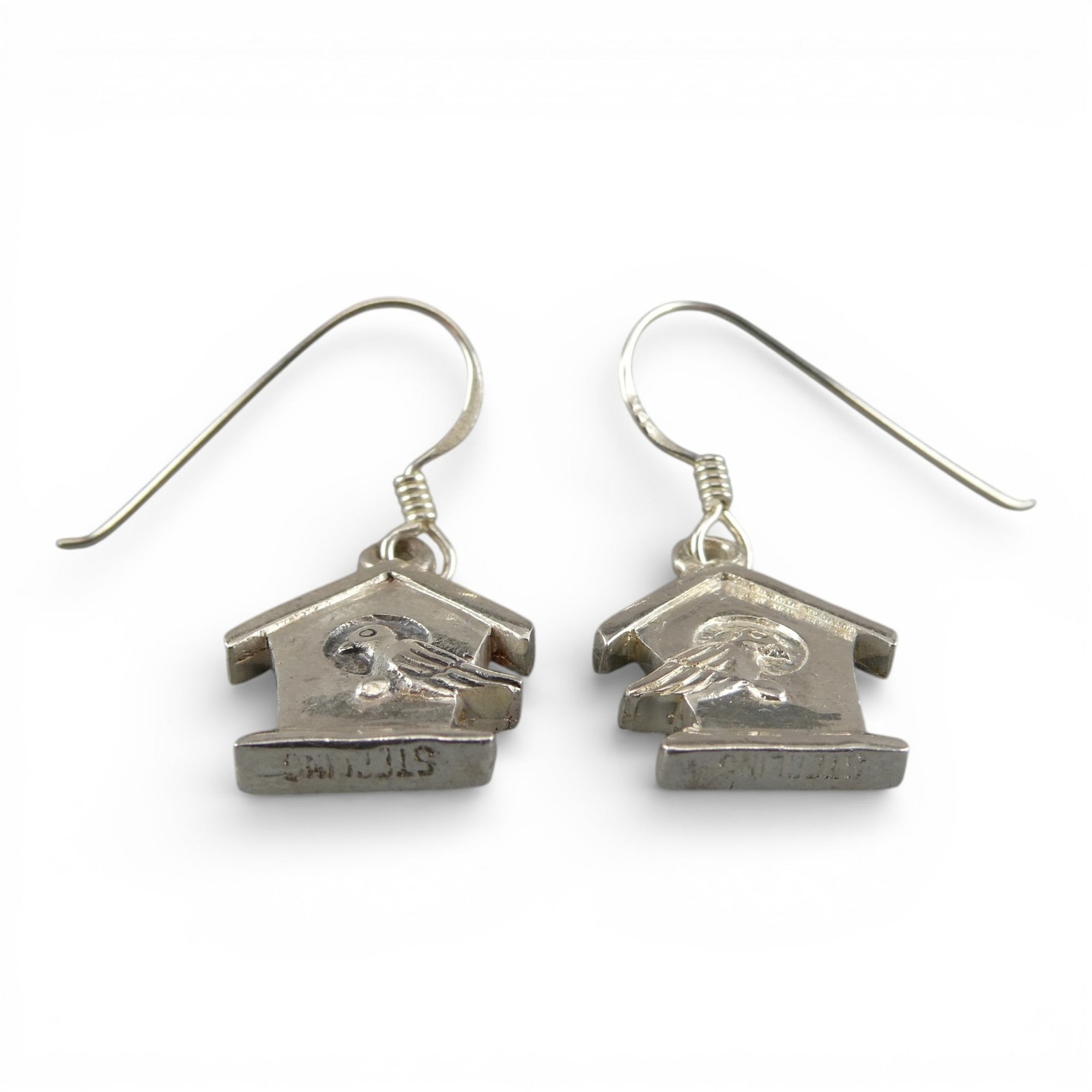 Sterling Silver Bird on Birdhouse Dangle Drop Earrings Brown County Silver