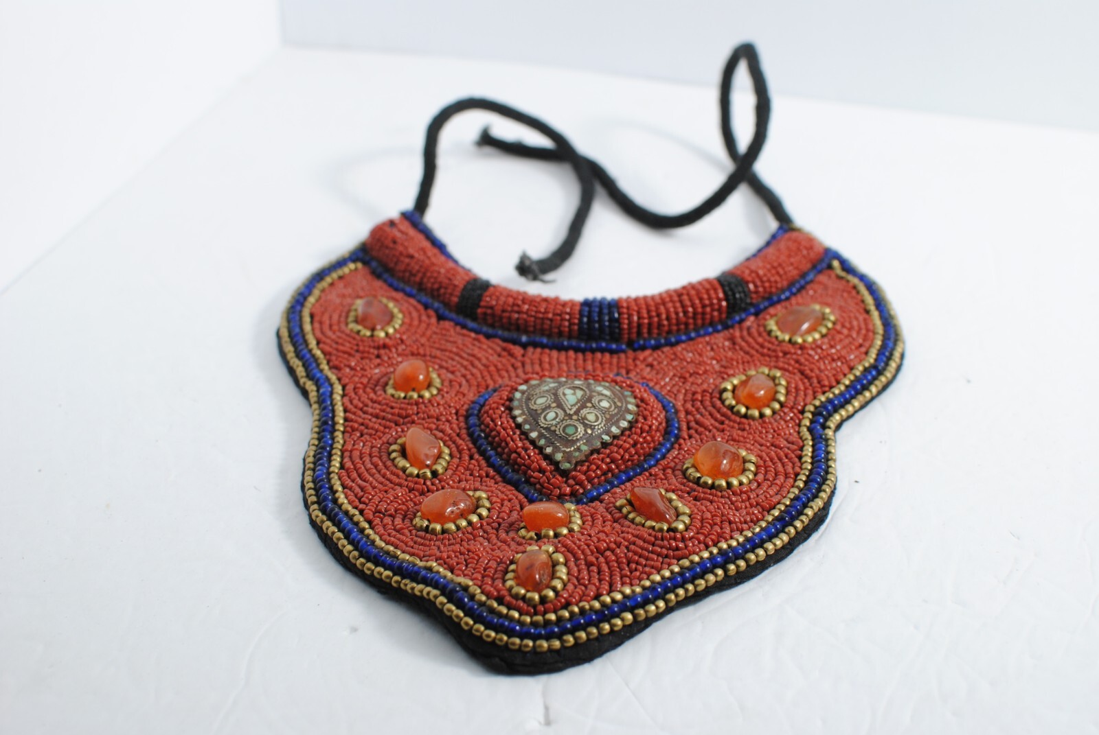 Vintage Ethnic Tribal African Beaded Bib Necklace Handmade 8″ by 10″