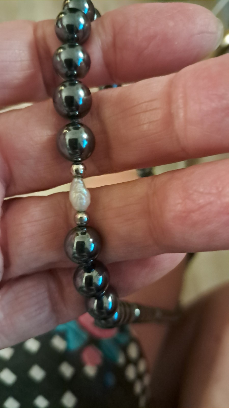 Hematite & Freshwater Pearl Necklace 25” Baroque Beaded Black Gray Class Vintage