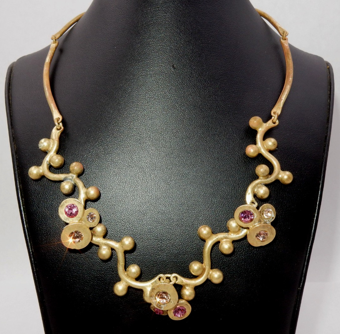 VINTAGE SAM & LOU PARIS BRASS NECKLACE PINK RHINESTONES FRANCE JEWELRY