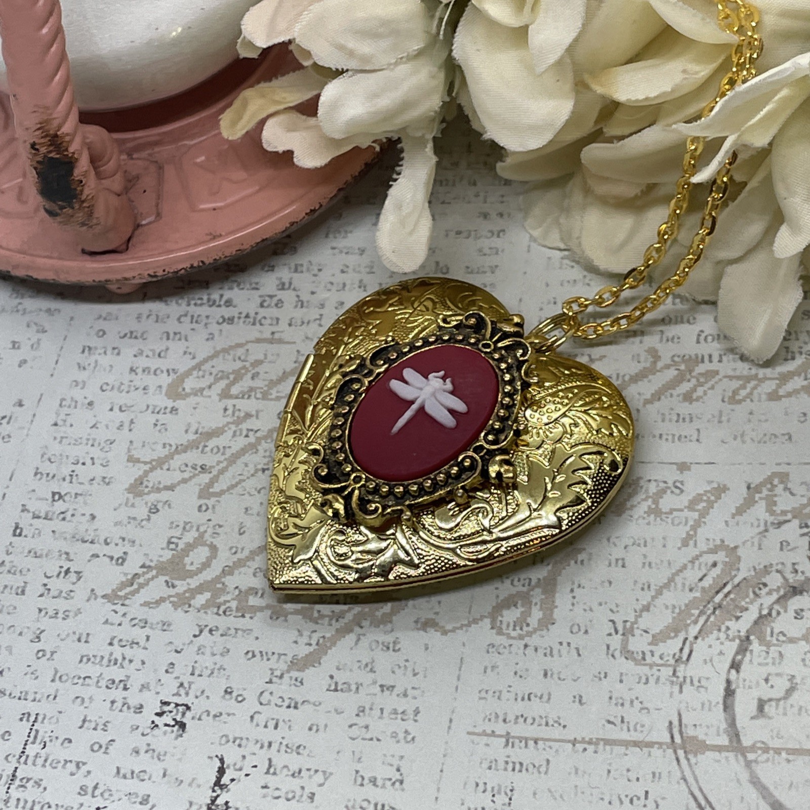 Gold Heart Locket Red Birthday Anniversary Wedding Dragonfly Cameo Necklace