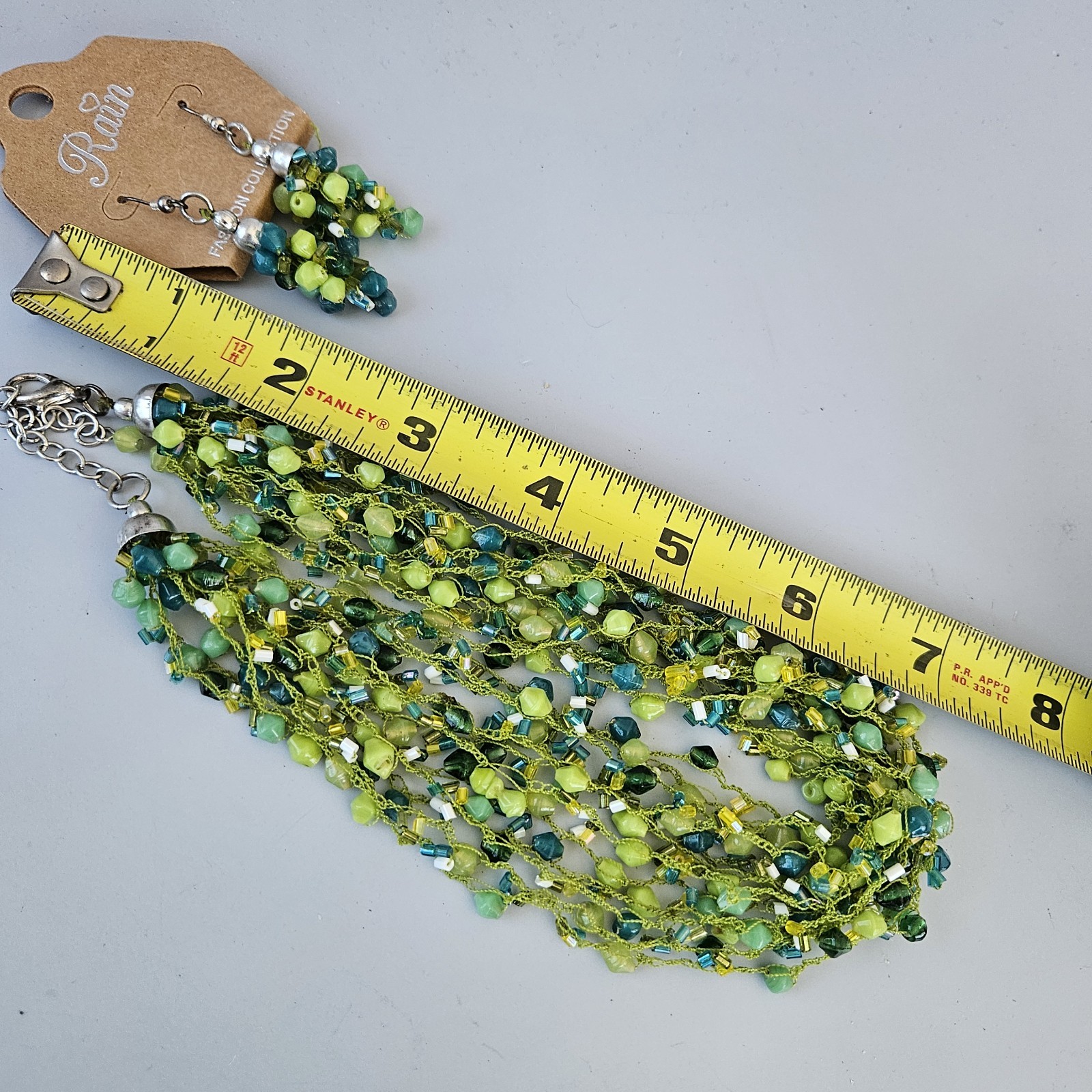 VTG Rain Beaded Necklace Multi Strand Cluster Hook Earrings Set Silver Green Lot
