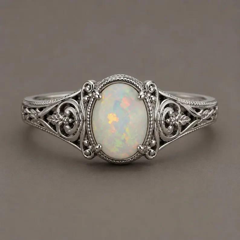 Natural Ethiopian Opal Ring Vintage Filigree Ring 925 Sterling Silver Oval Opal