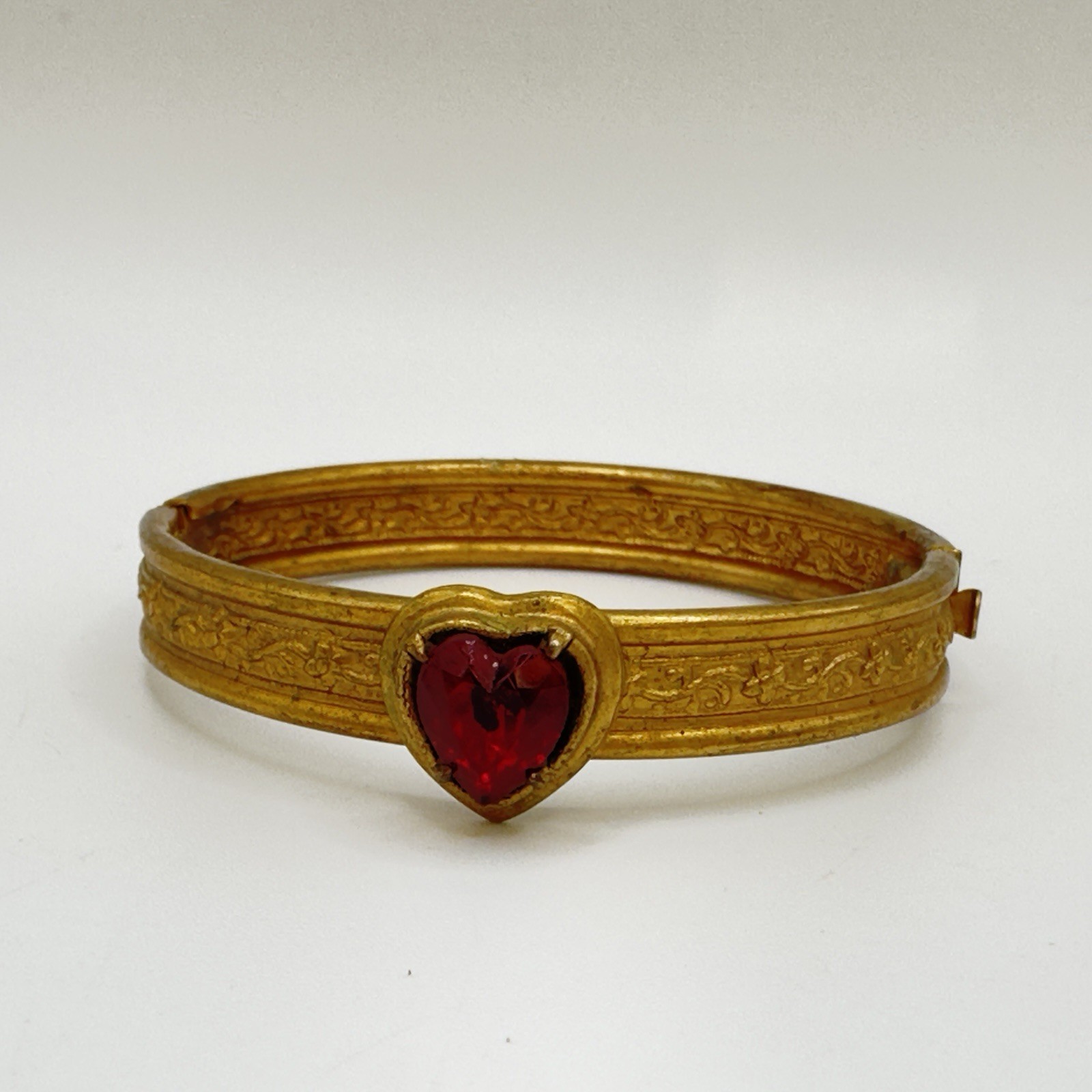 Vintage Victorian Revival Heart Bangle Bracelet Red Glass Gold Tone Hinged TINY*