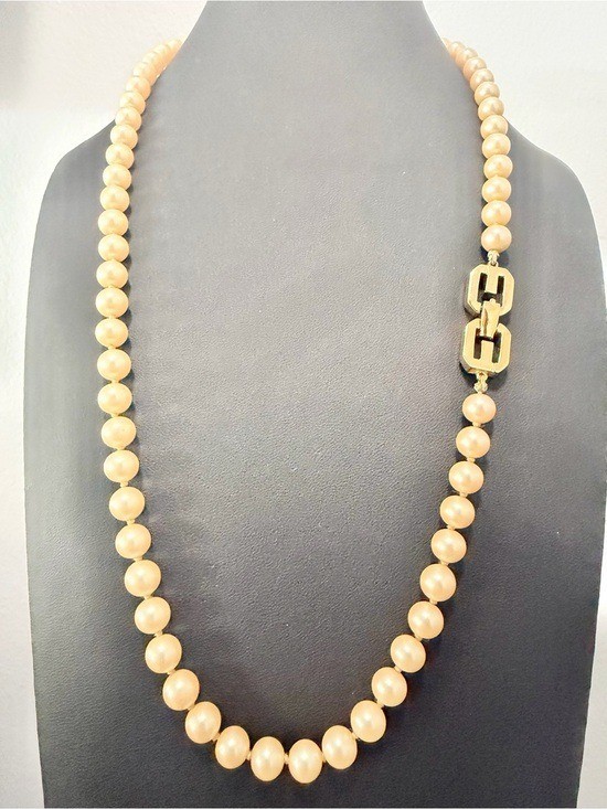 Vintage Authentic Givenchy 1977 String of Pearls with Gold Tone Logo Clasp Y2K