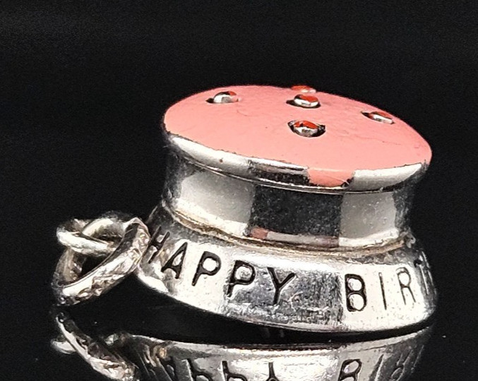 Sterling Silver WELLS HAPPY BIRTHDAY CAKE Candle Charm Pendant Mechanical Enamel