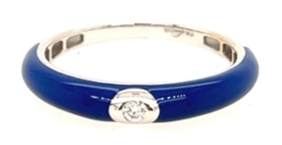 .03CT DIAMOND & AAA BLUE ENAMEL 18KT WHITE GOLD ROUND SOLITAIRE ETOILE FUN RING