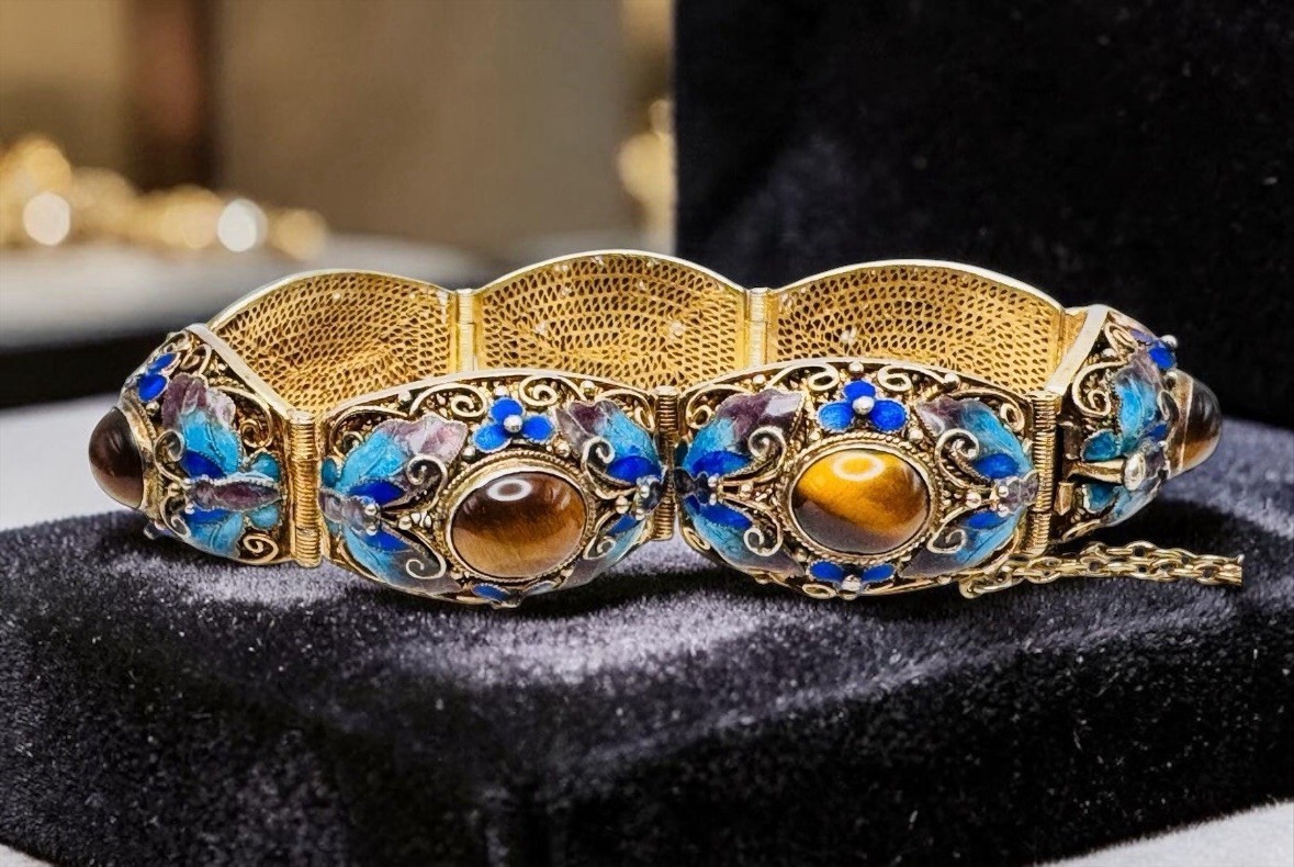 Vintage Chinese Export Gilt Silver Enamel Mesh Filigree Bracelet Tigers Eye Nice