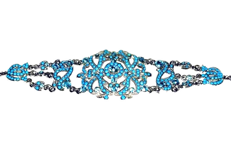VCLM Victorian Filigree Silver Turquoise Crystal Wide Statement Bracelet