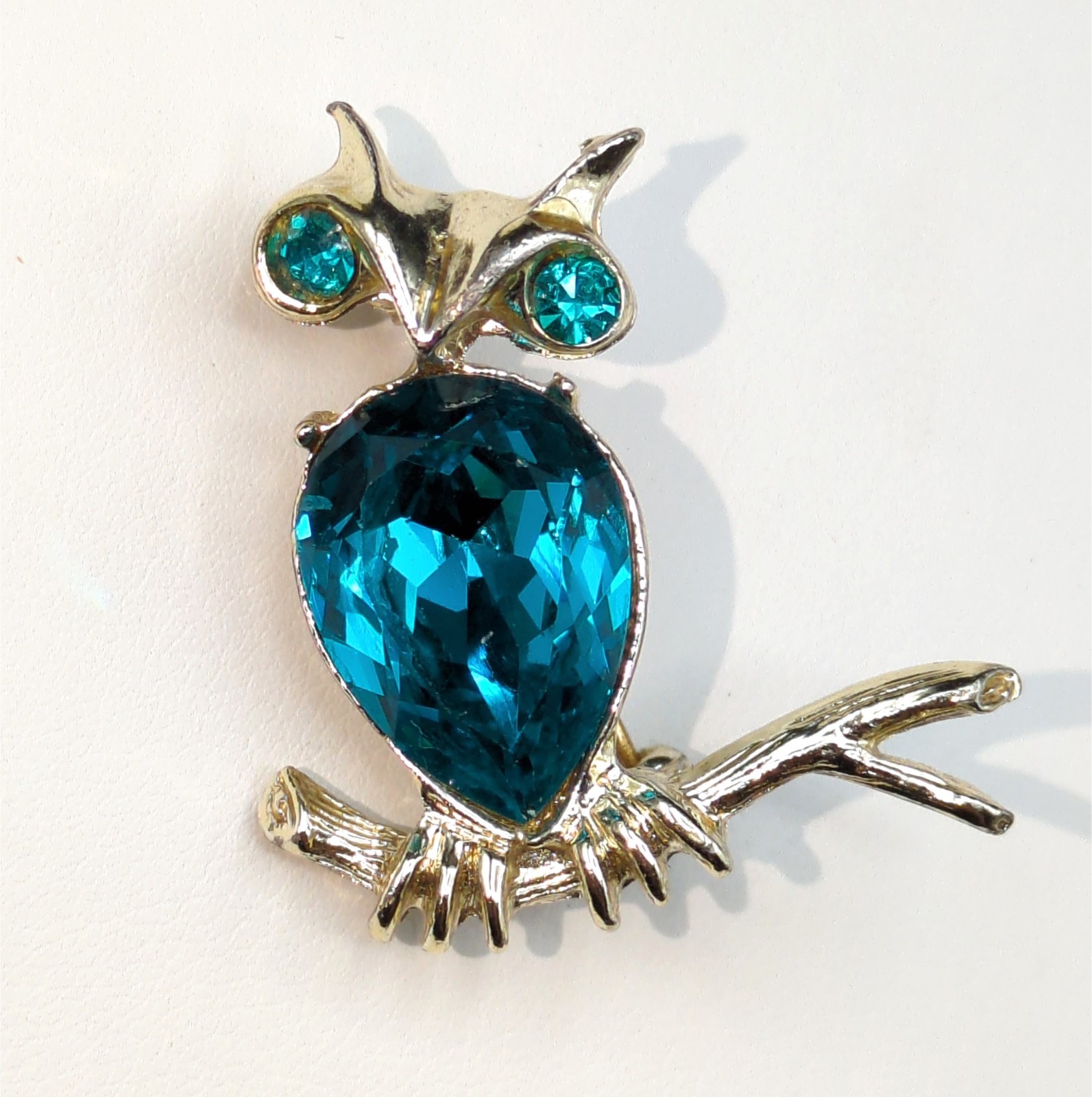 Brooch Pin Vintage Cerulean Blue Rhinestone Owl Bird Branch Animal Dodds Signed