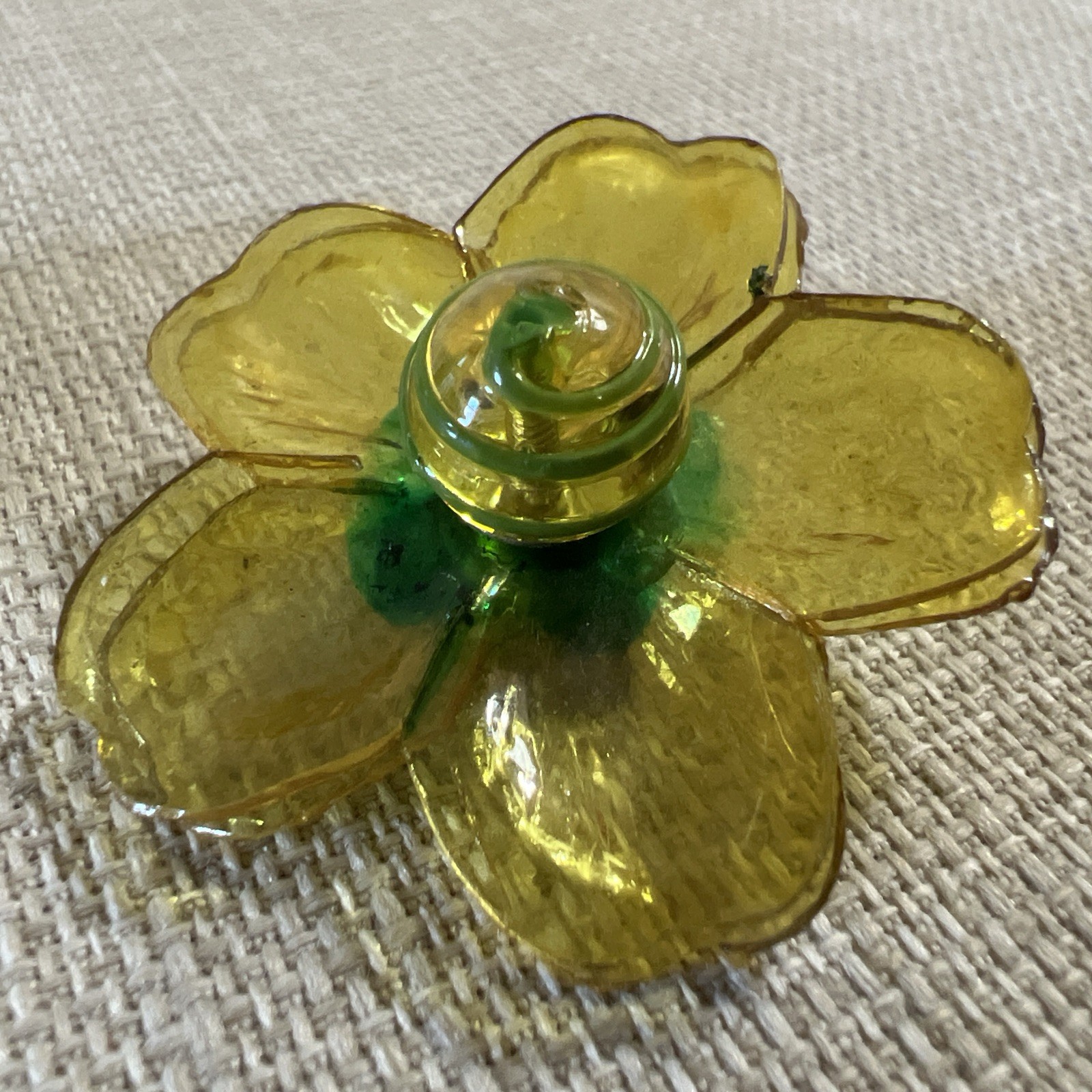Vintage Cellulose Acetate Yellow Double Layer Petal Floral Clip On Earrings