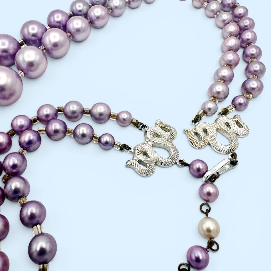 VTG Japan Lavender Purple Double Strand Beaded Necklace Graduated Faux Pearl