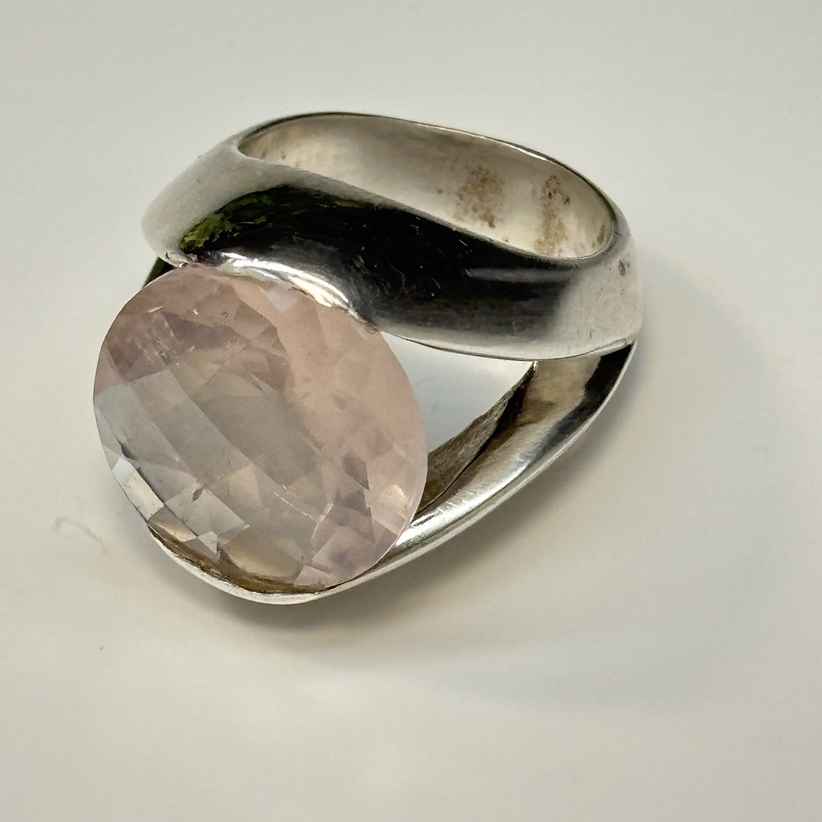 Vtg Hand Cast Sterling Silver 925 Faceted Round Pink Quartz Band Ring Size 7