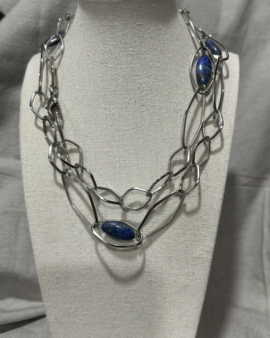 Simona Collini Stainless Steel Silver Tone Oval Link Necklace Blue Stones 34”
