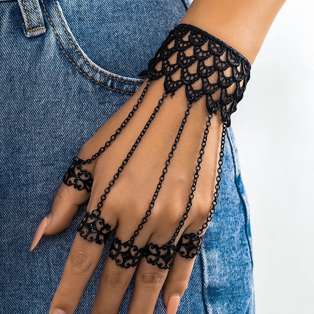 Gothic Lace Bracelet Ring Set for Women Black Chain Hand Jewelry Party Gift