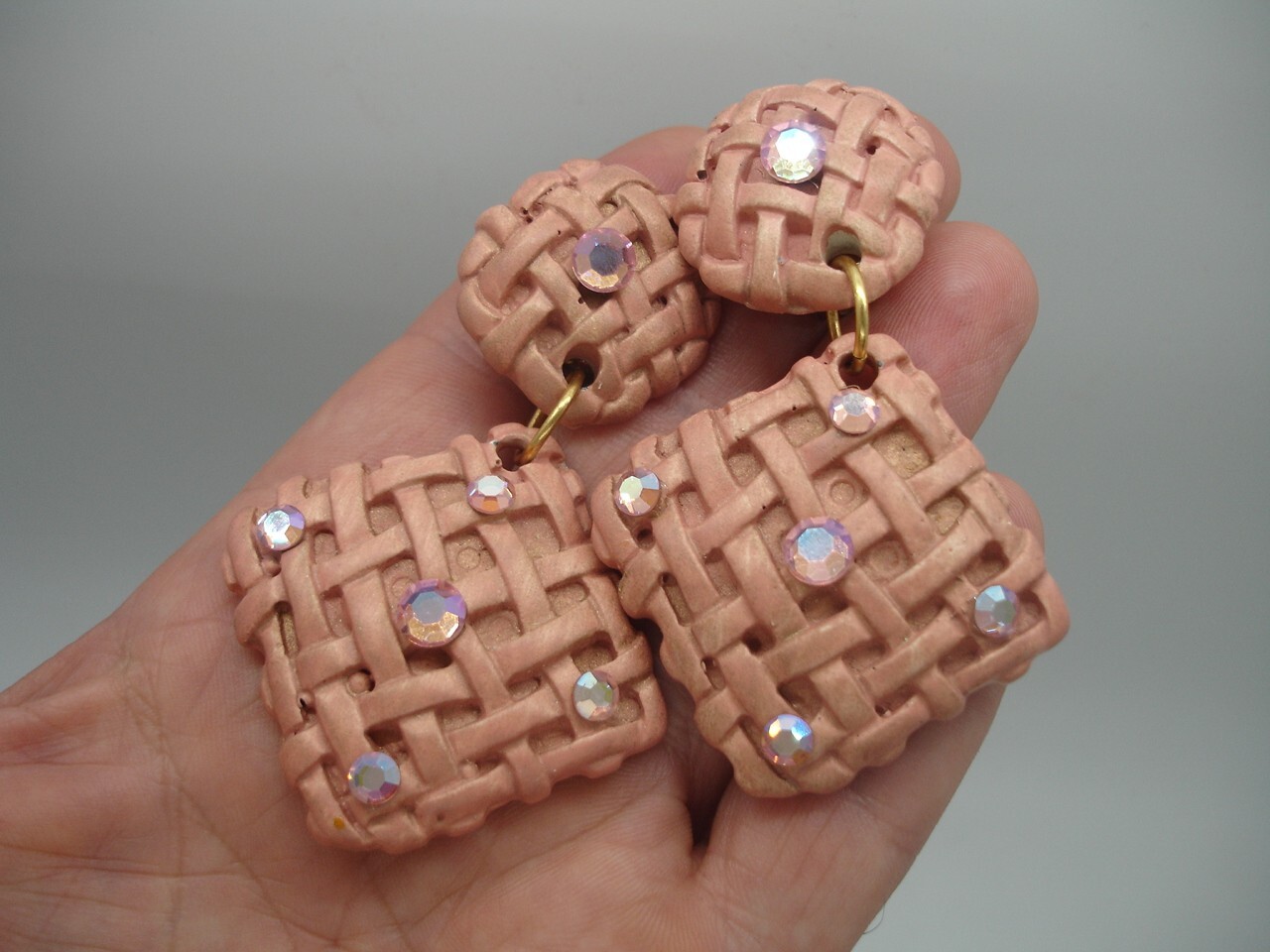 vtg. JEFF LIEB clip on dangle jeweled weave pattern earring set pink multicolor