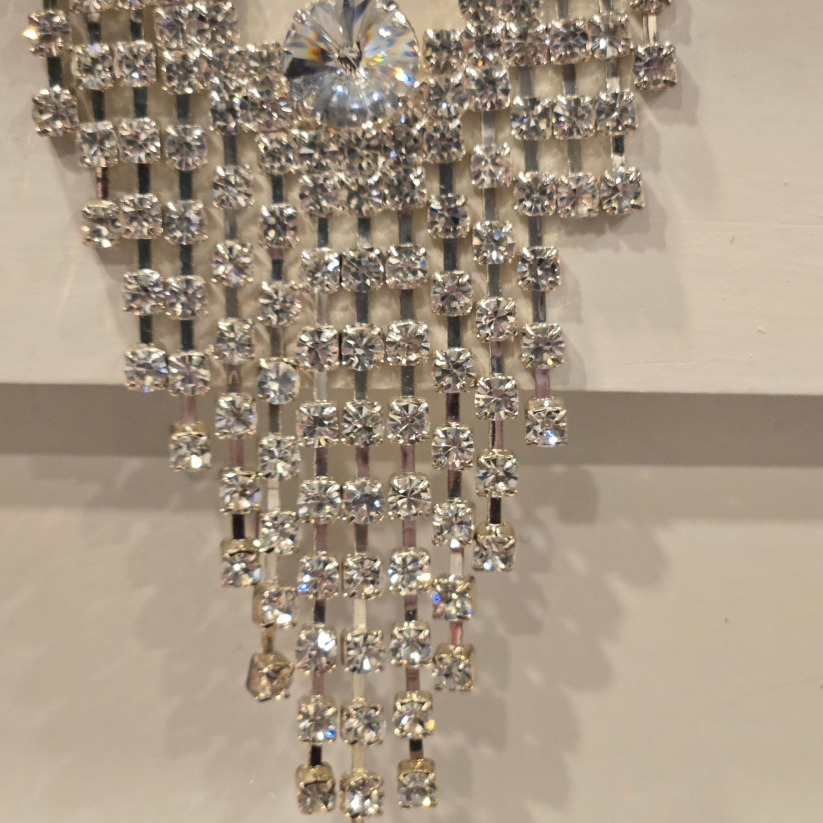 Antique Dramatic Rhinestone Brooch Cascading Fringe Rivoli Center Stone art deco
