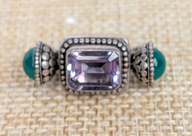 Vintage Sterling Silver 925 Green Bloodstone Amethyst Tibetan Brooch / Pin