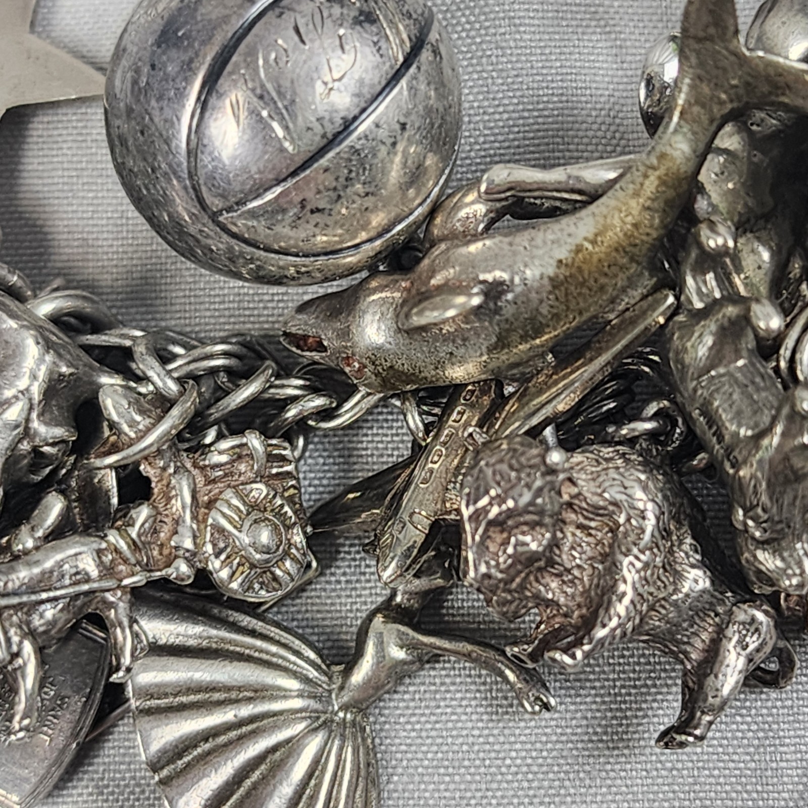 VTG Charm Bracelet 50+ Charms Sterling + Mixed Metals Movable Parts Estate Sale