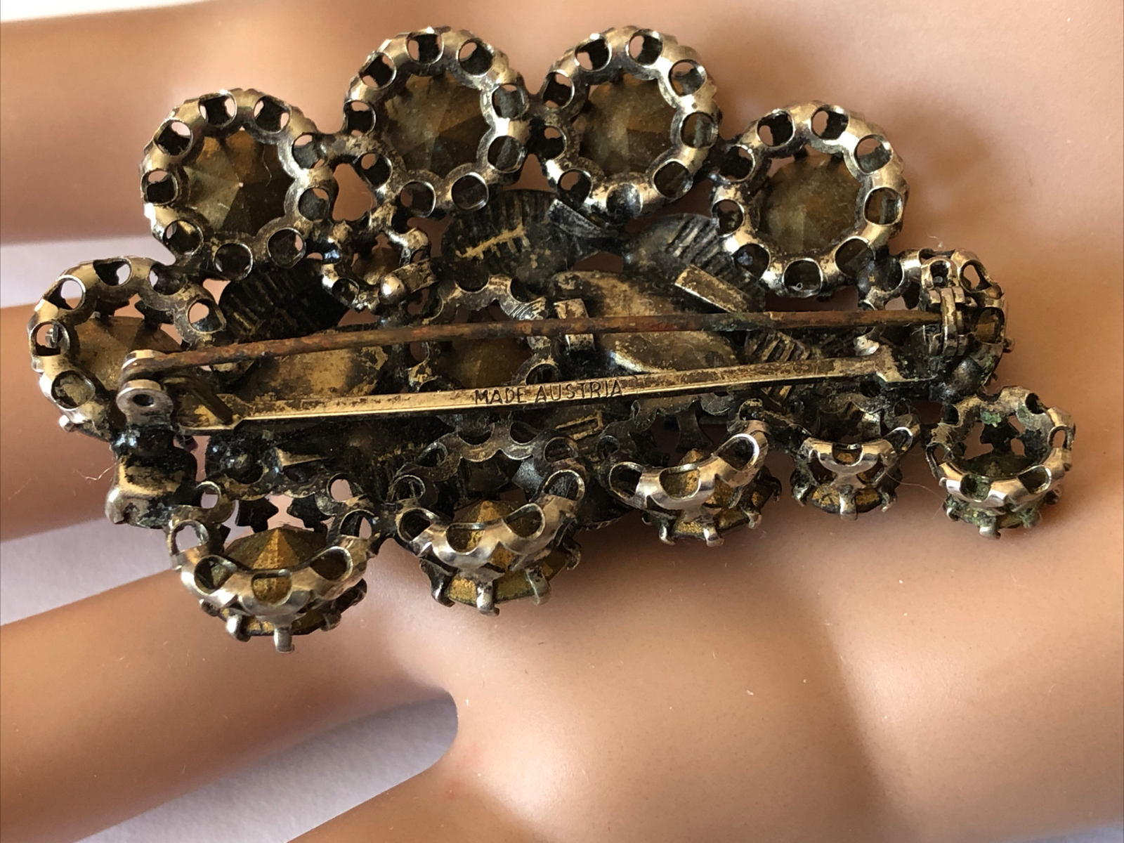 Antique Made in Australia Topaz Crystral Leaf Pin Brooch