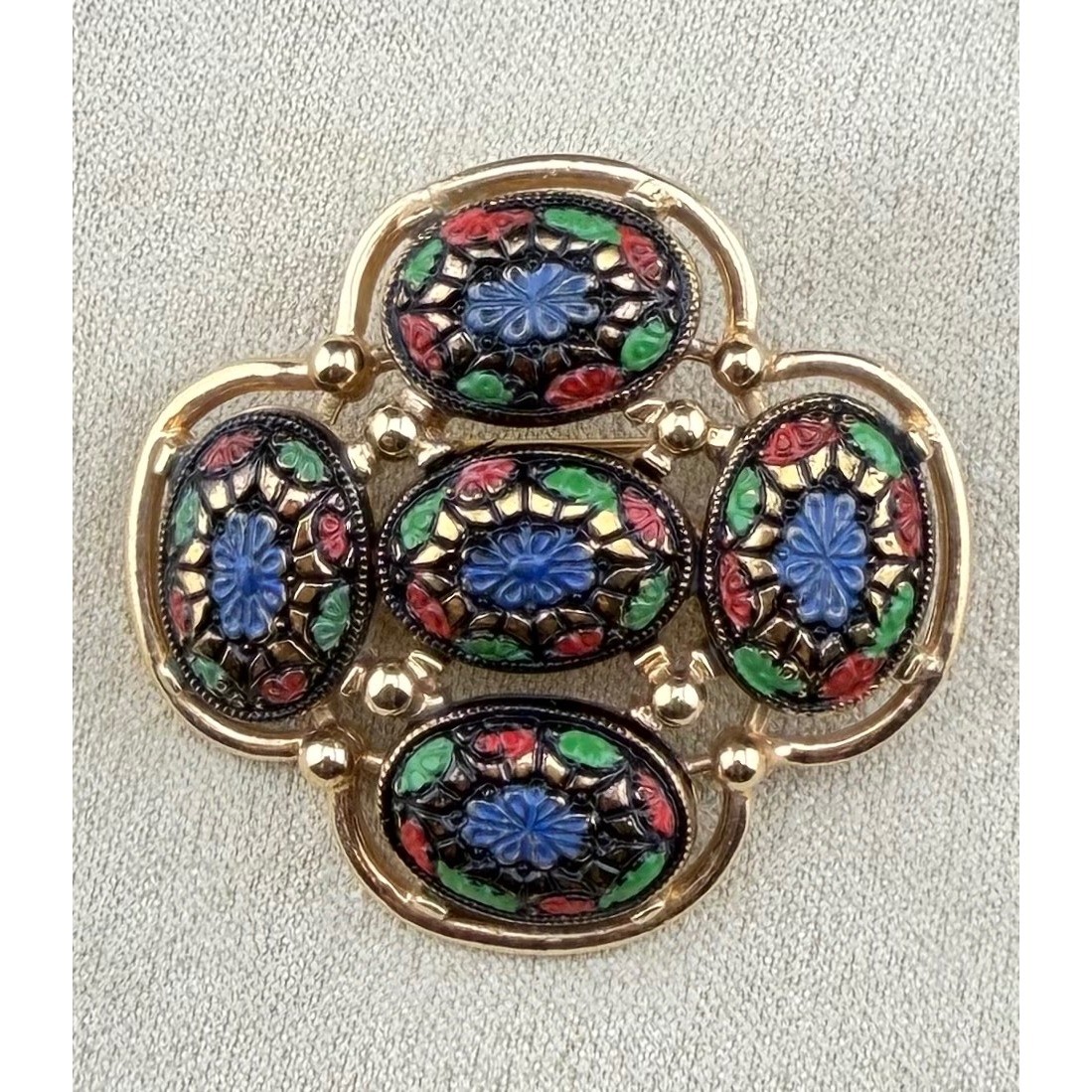 Sarah Coventry Light of the East Brooch Gold Multicolor Floral Cabochon Vintage