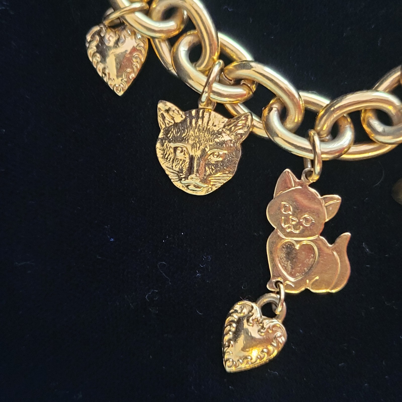 Vintage 1990s Kirk’s Folly Cat Charm Bracelet Gold Tone Rhinestones Cat Lady