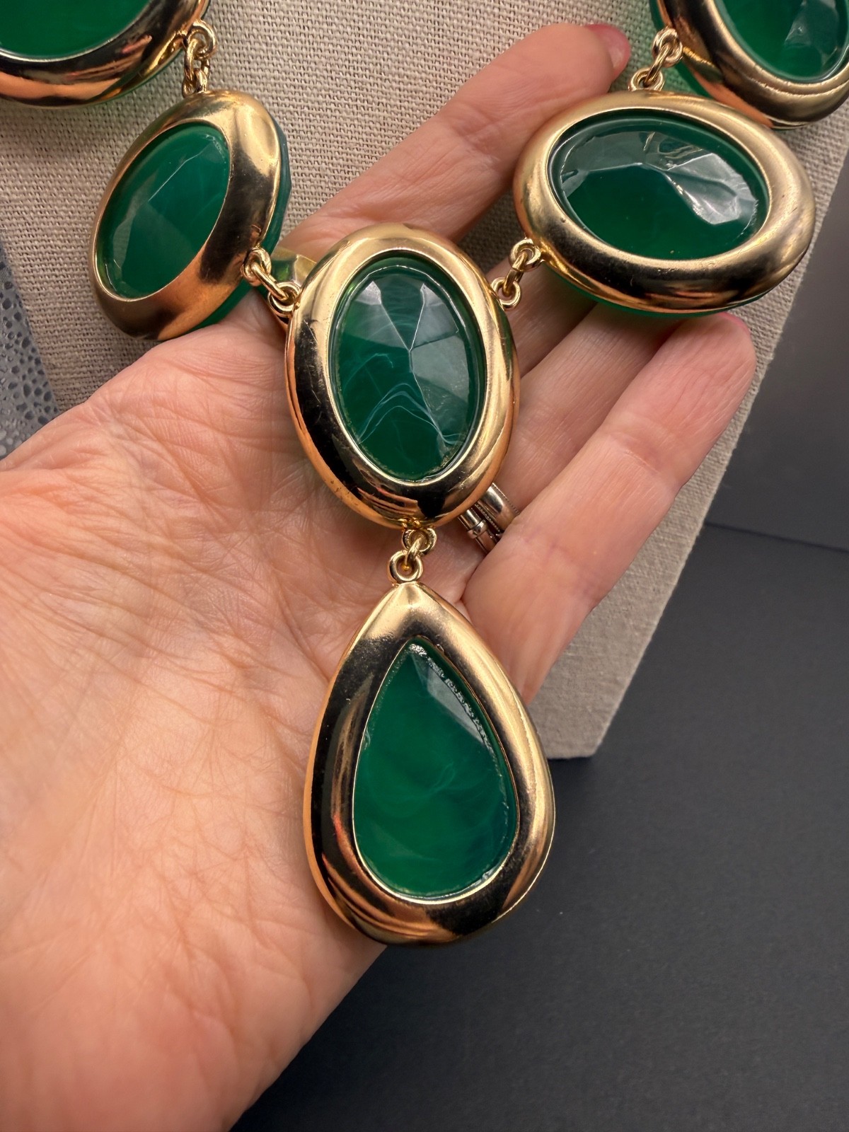 Emerald Green Lucite Necklace Gold Tone Statement Runway Large