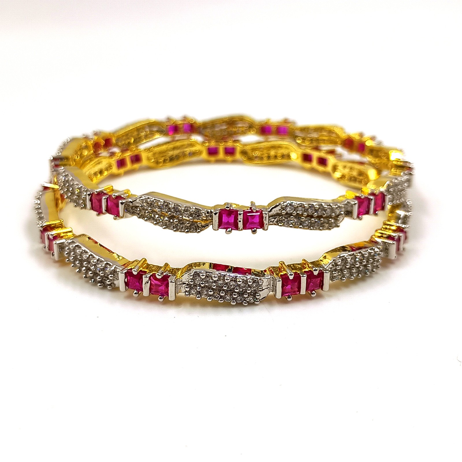 Designer Ruby & Cubic Zirconia Bangle Set Handmade 22K Gold Plated Ethnic Style