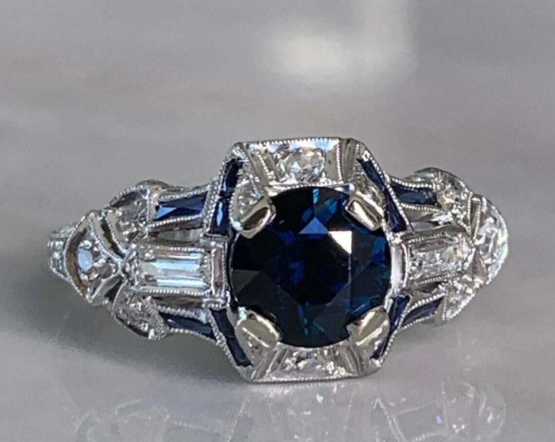Art Deco Style Lab Created Sapphire & Diamond Anniversary 14K White Gold FN Ring