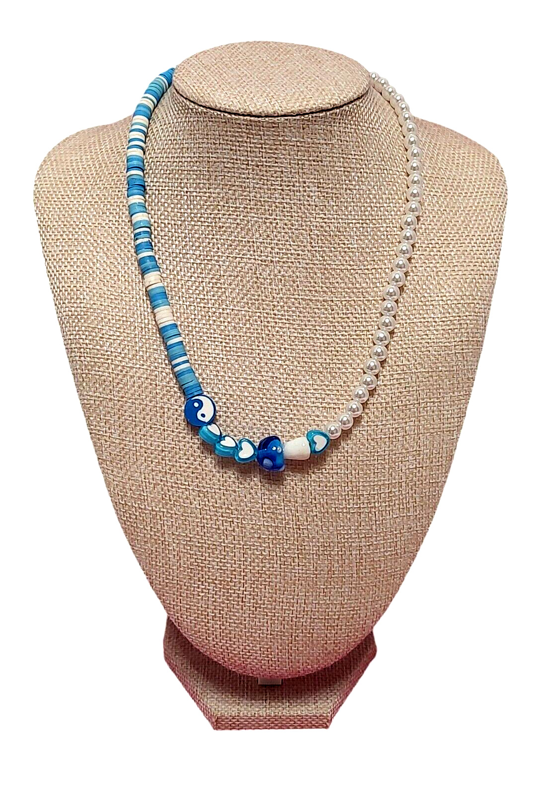 Yin Yang Blue White Beaded Simple Mushroom Everyday Statement Necklace 20″