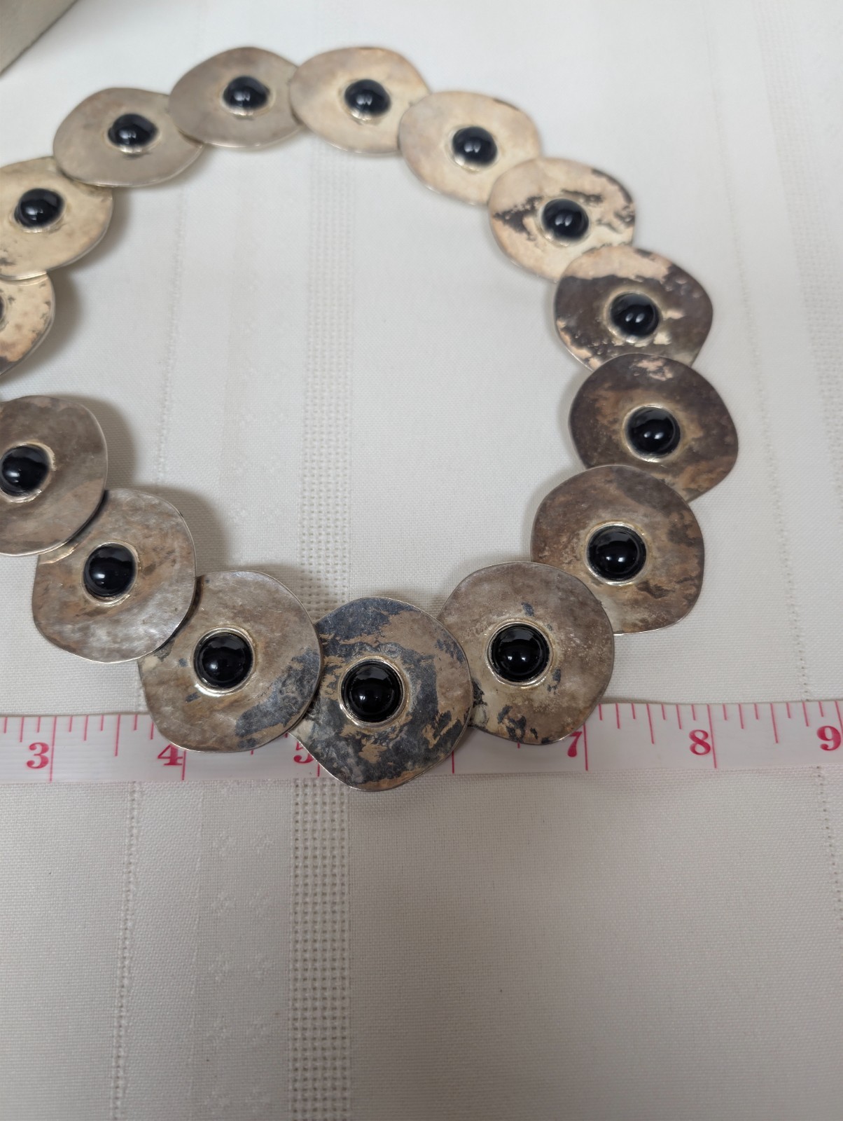Vintage Silver Toned Hammered Faux Onyx Cab Dramatic Statement Choker Necklace