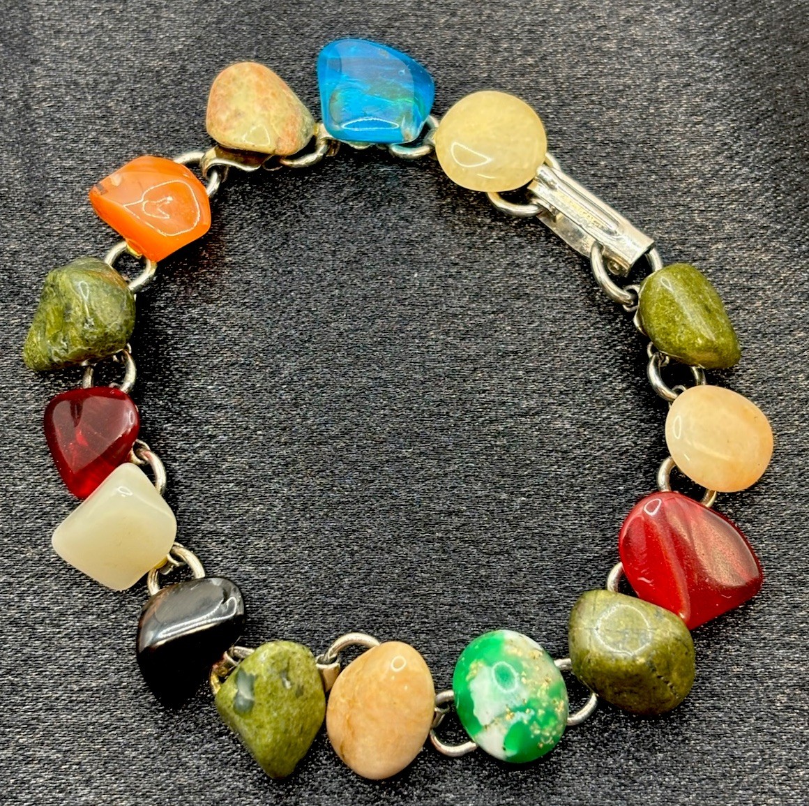 Vintage Link Polished Stone Glass Tumbled Agate Bracelet Rainbow 6.5”