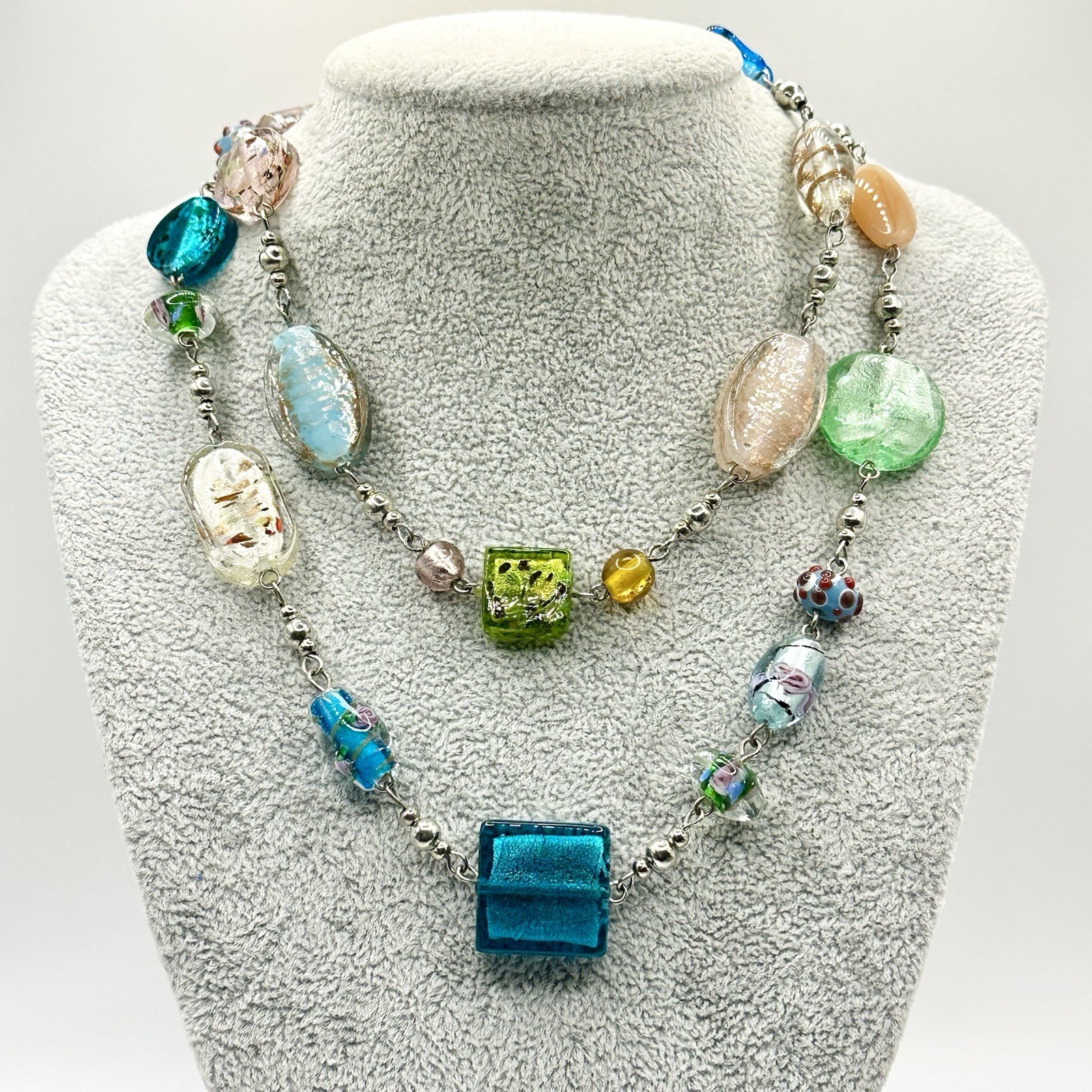 Vintage Murano Venetian Glass Necklace Chain Signed Premier Designs 33″-37″