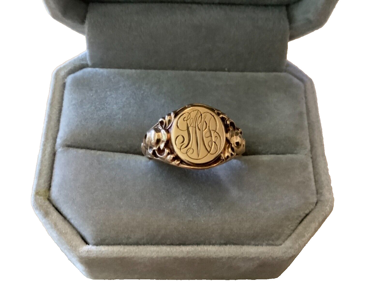 ANTIQUE ART NOUVEAU 14K Yellow Gold Oval Signet Ring Monogram GVB Size 7