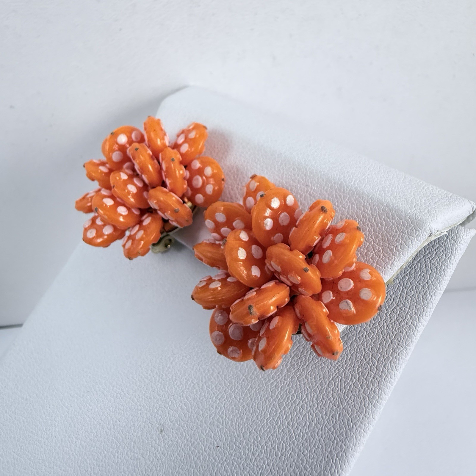 Vintage 1960s Orange & White Polka Dot Clip on Earrings