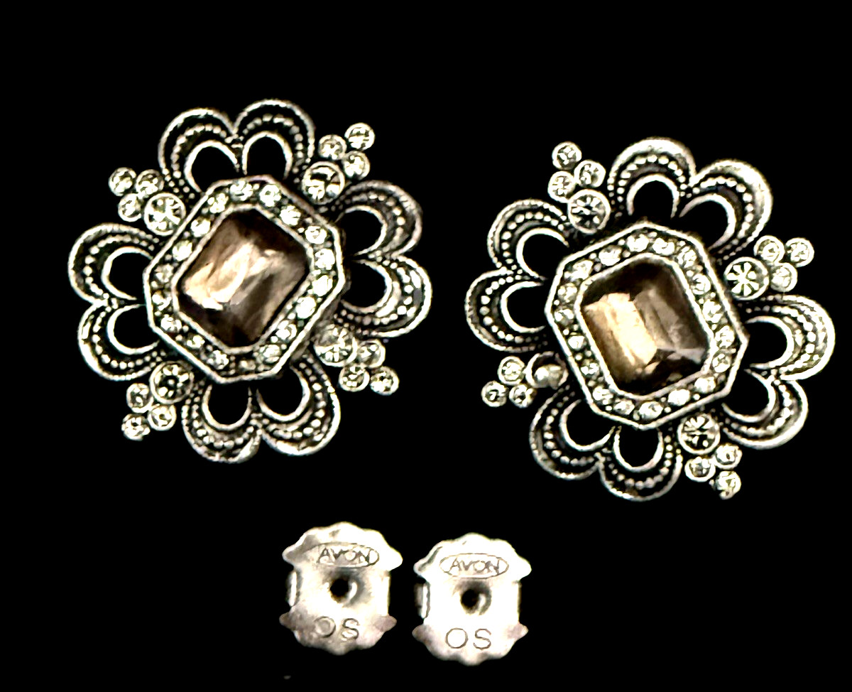 Vintage AVON 1″ Art Deco Style Silver Tone Pierced Rhinestone Earrings