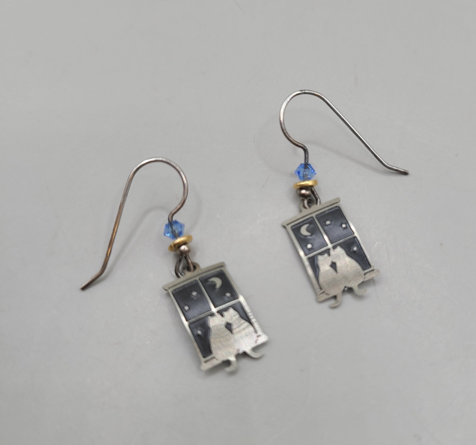 Vtg Sienna Sky Sterling Silver Cats In Window Crystal Hook Earrings