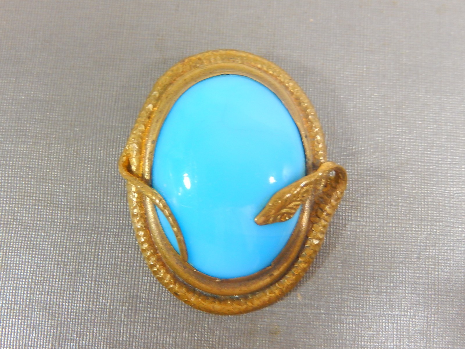 ANTIQUE VICTORIAN BRASS SNAKE LARGE PERSIAN TURQUOISE GLASS CABOCHON BROOCH