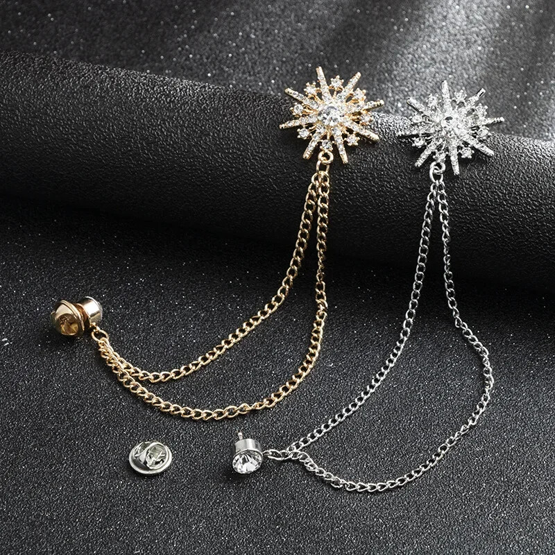 Rhinestone Star Brooch Crystal Tassel Chain Corsage Suit Coat Badge Lapel Pins