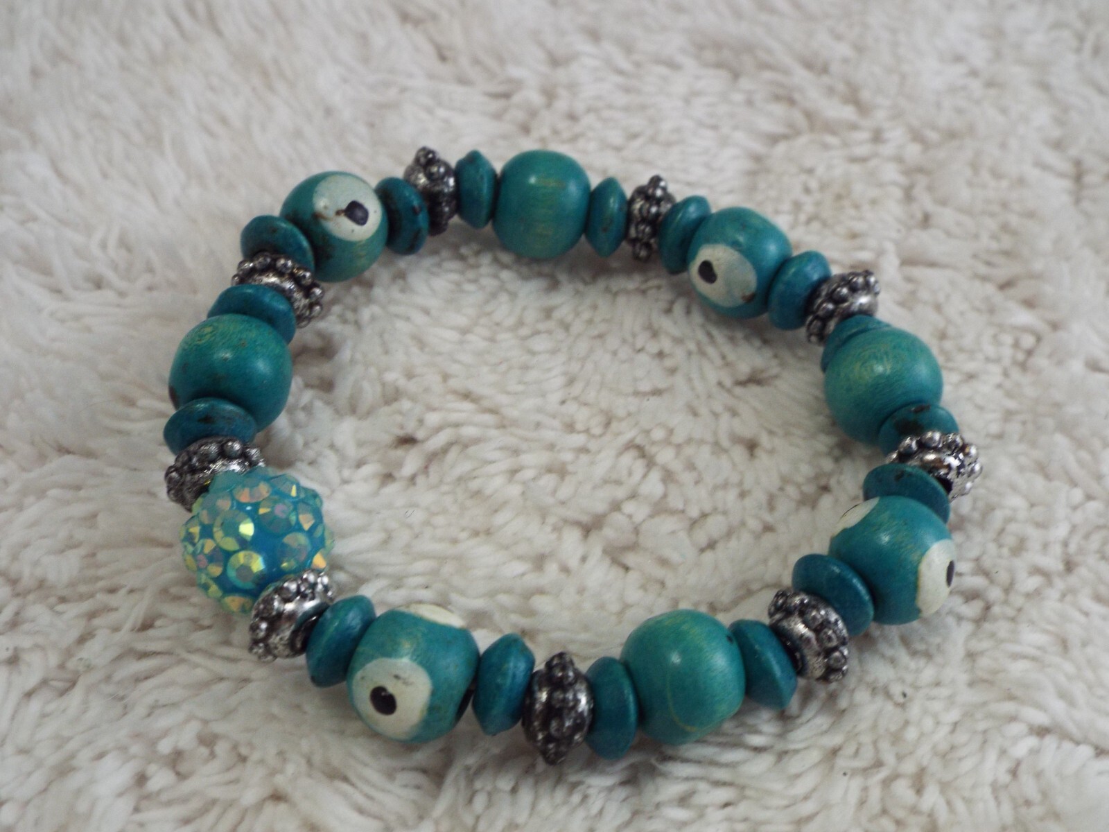 Teal Wood Bead God’s Eye Bead Stretch Bracelet (G20)