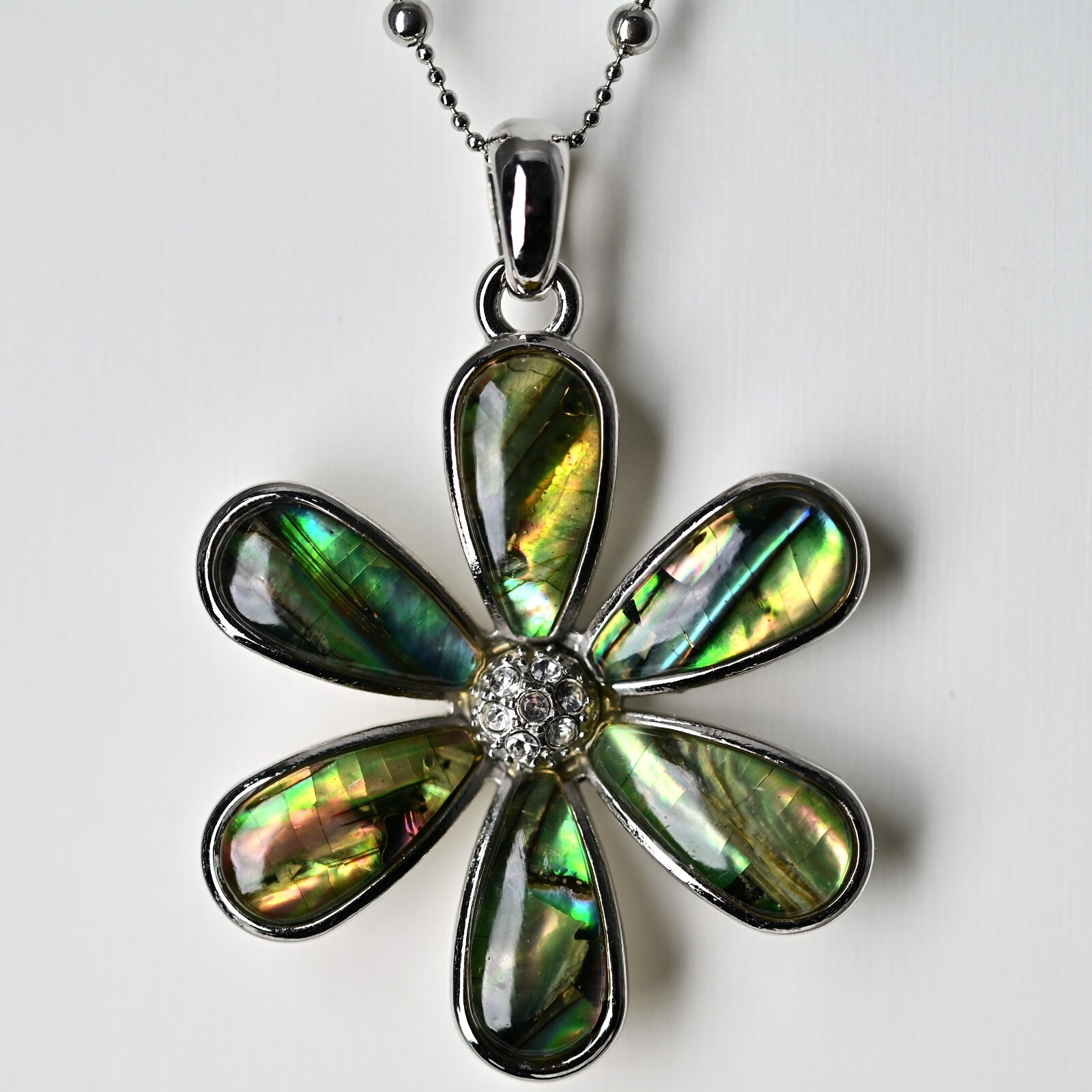 LIA SOPHIA Original Vintage Signed Abalone Flower Lily Pendant Silver Necklace