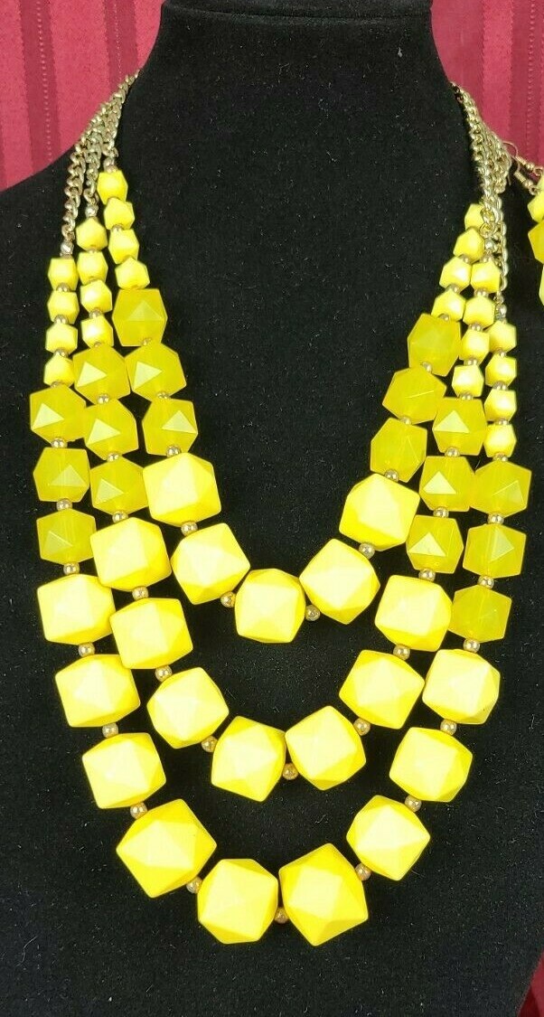 Yellow Faceted Square Beads 3 Strand Necklace with Matching Pierced Earrings