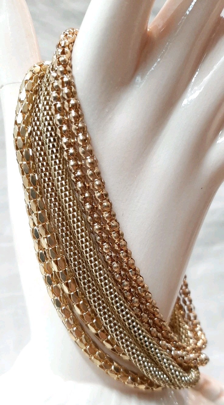 VTG Goldtone Multiple Mesh Tubular 6-Chain Bracelet/Anklet Adjustable 9″-11″L