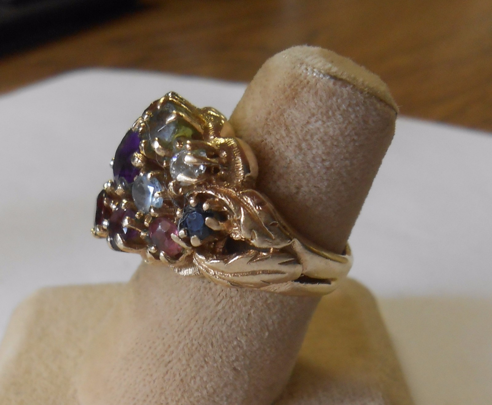 Fruit Salad 14K Gold Multi Stone Ring Diamond Sapphire Topaz Garnet Amethyst