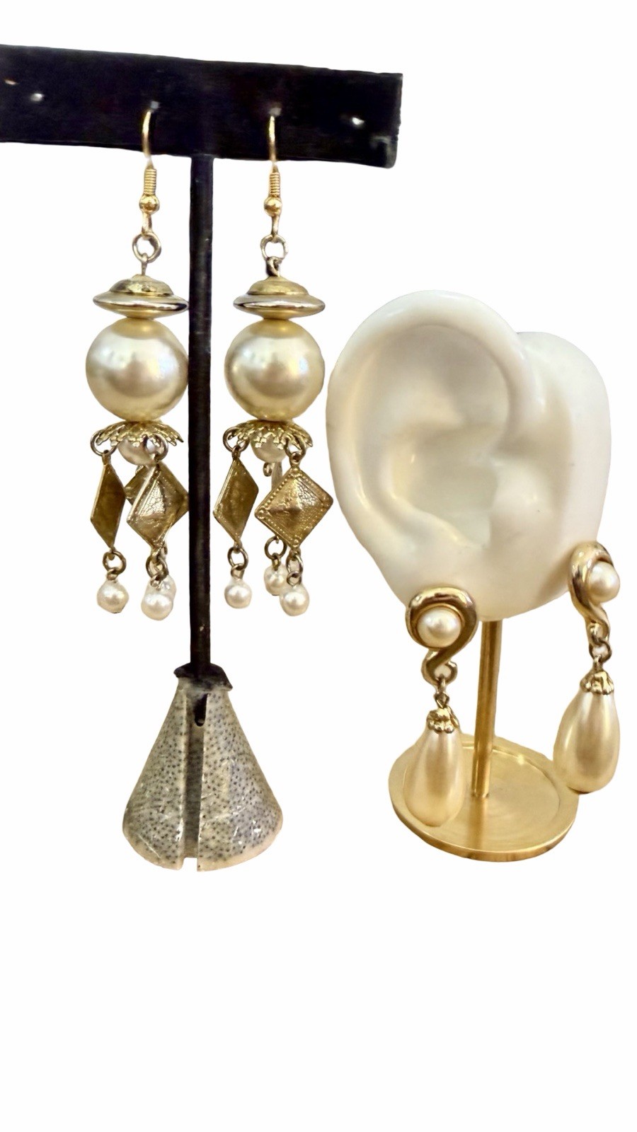 VTG Gold Tone Dangle Faux Pearls Earrings LOT 2 Pierced Lobe LIGHTWEIGHT READ 2″