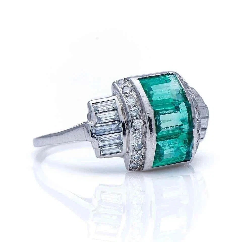 Art Deco Style 3.85Ct Lab Created Emerald Vintage Cocktail 14K Gold Finish Ring