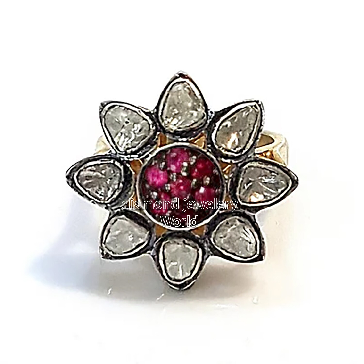 Victorian 1.05ctw Antique Cut Diamond Ruby Studded Silver Gorgeous Ring Jewelry